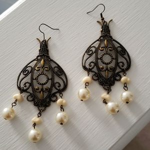 Gold bronze statement earrings with drop pearls